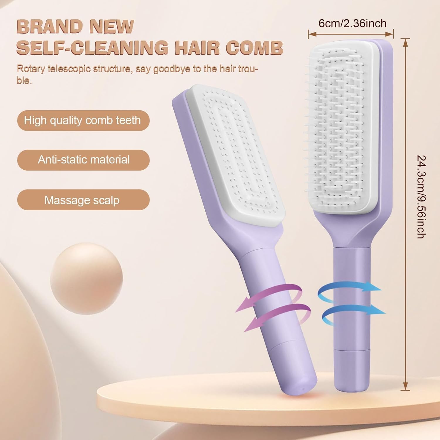 Self-Cleaning Hair Brush for Women | One-Click Hair Removal Massage Comb | Anti-Static Detangling Hair Brush